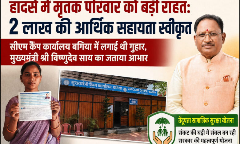 हादसे में मृतक परिवार को मिली बड़ी राहत: 2 लाख रुपए की सहायता स्वीकृत, सीएम कैंप कार्यालय बगिया में आवेदन के बाद त्वरित कार्रवाई